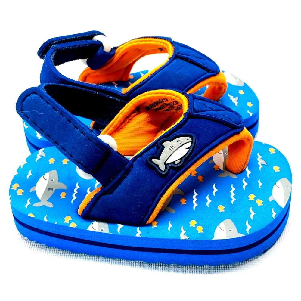 Kids Shark‎ Flip Flop Sandals Toddler Size 3 Blue Orange Hook and Loop